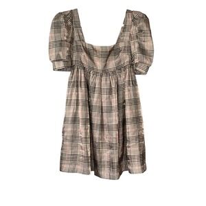 En Saison nude plaid organza babydoll puff‎ sleeve mini dress. EUC Size XS